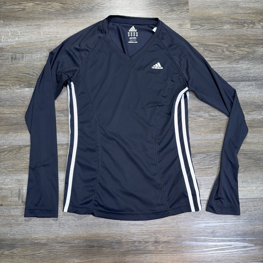 Adidas Black Long-Sleeve Athletic Top Womens M V-Neckline Signature 3-Stripes